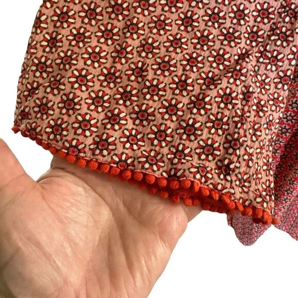 BODEN Sasha Kaftan Red 10R Peasant Dress Boho Hippie Mini Floral Print Tassels - Picture 2 of 12